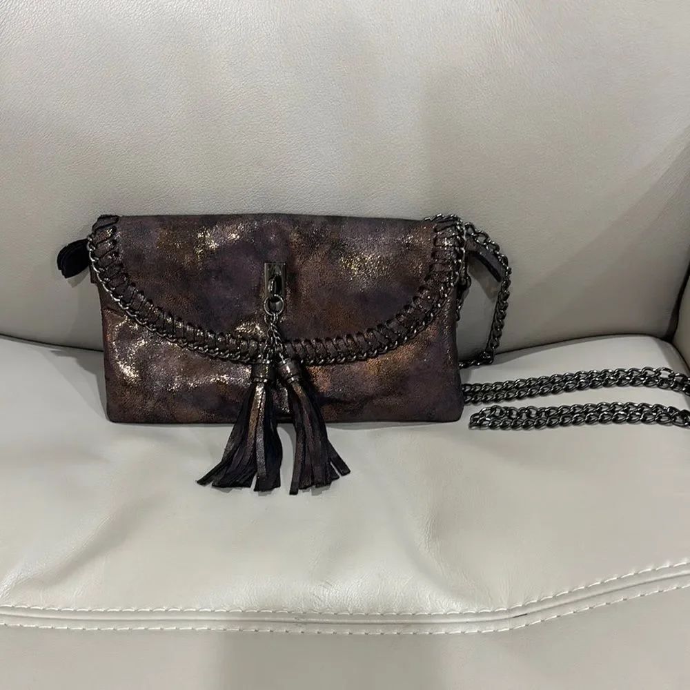 Sondra Roberts Squared Metallic Vegan Leather with Chain Crossbody